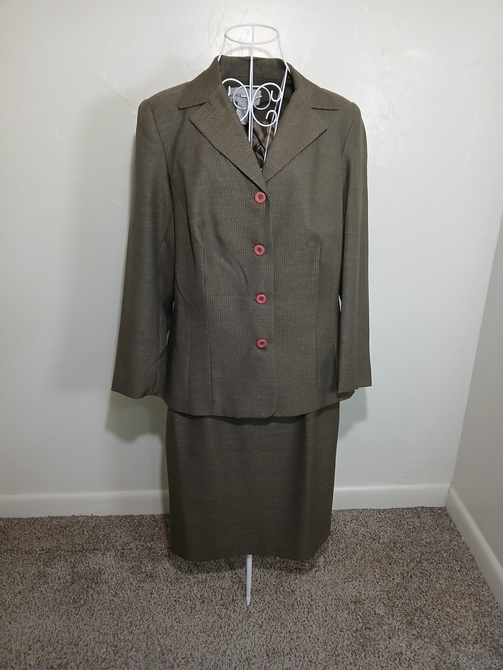 Jessica London Women's 14W Olive Green Pinstripe Jacket and Skirt Set
